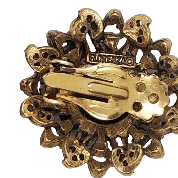 FLORENZA 1960 GOLDTONED, BLACK GLASS & FAUX PEARL STATEMENT CLIP ON EARRINGS - Picture 6 of 6